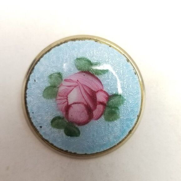 Vintage Pink Enamel Flower Blue Background Round Brooch, Pastel Lapel Pin - Picture 6 of 6